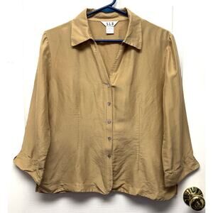 SLB Blouse 100% Silk Tan Gold Button Front Womens Large Lightweight Top